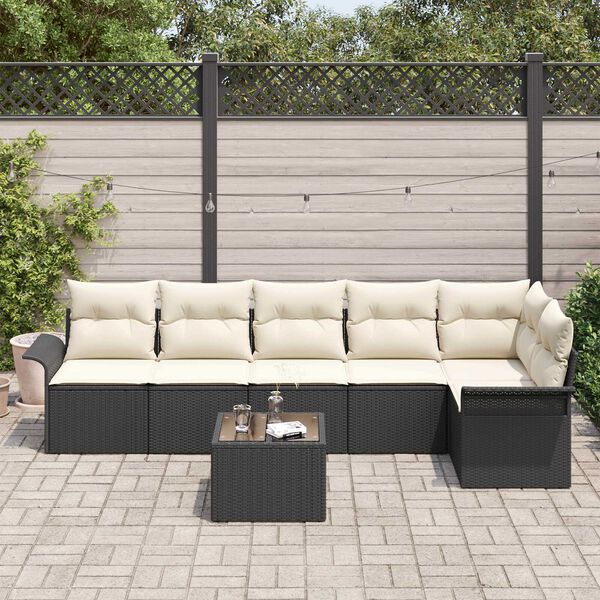 vidaXL Garten-Sofa-Set mit Kissen 7 pcs Schwarz Poly Rattan