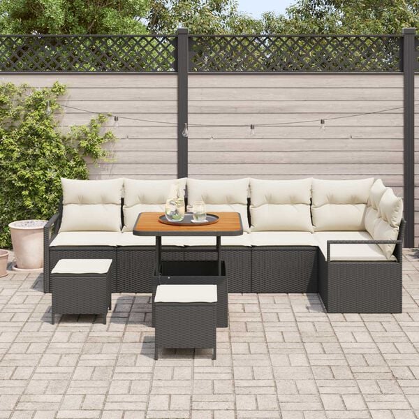 vidaXL Garten-Sofa-Set mit Kissen mit Speicher 9 pcs Schwarz und Creme