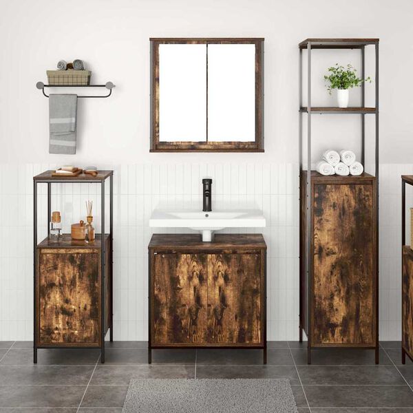 vidaXL Badezimmerm&ouml;bel-Set mit T&uuml;r 3 pcs Ger&auml;ucherte Eiche und Schwarz
