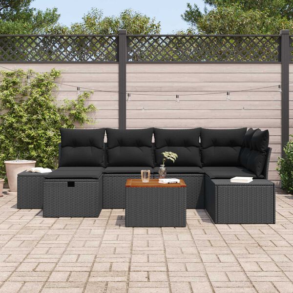 vidaXL Garten-Sofa-Set mit Kissen 7 pcs Schwarz Poly Rattan