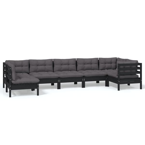 vidaXL 7-tlg. Garten-Lounge-Set mit Kissen Schwarz Kiefernholz
