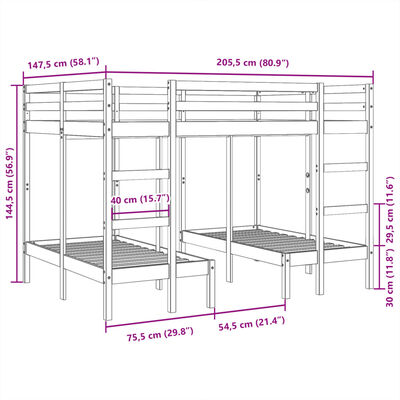 vidaXL Dreifach-Etagenbett Weiß 140x200/70x140 cm Massivholz Kiefer