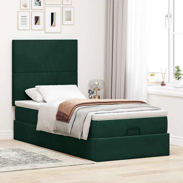 vidaXL Ottoman-Bett mit Matratzen & LEDs Dunkelgr&uuml;n 90x200 cm Samt