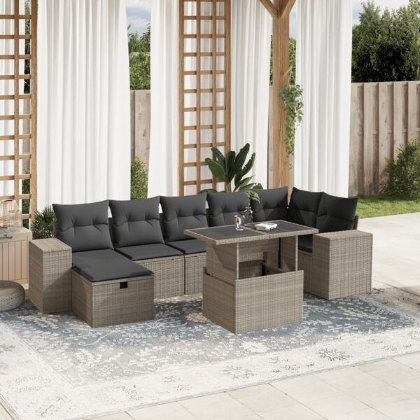 vidaXL 8-tlg. Garten-Sofagarnitur mit Kissen Hellgrau Poly Rattan