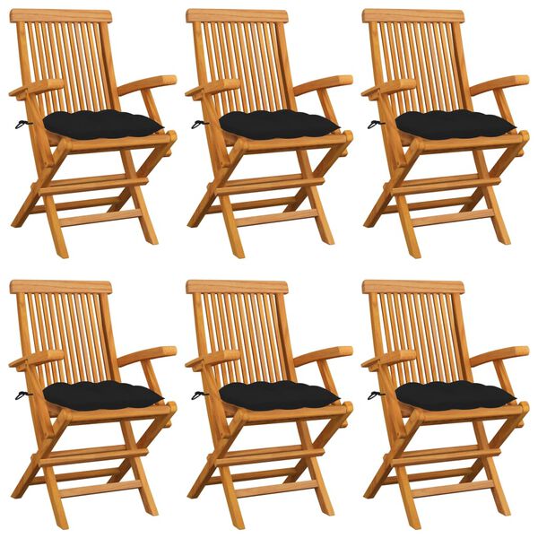 vidaXL Gartenst&uuml;hle mit Schwarzen Kissen 6 Stk. Massivholz Teak