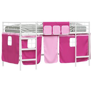 vidaXL Kinder Loft Bettgestell mit Vorh&auml;ngen Wei&szlig; und Rosa