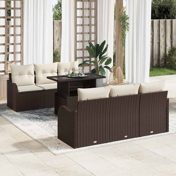 vidaXL Garten-Sofa-Set mit Kissen mit Speicher 7 pcs Braun Poly Rattan