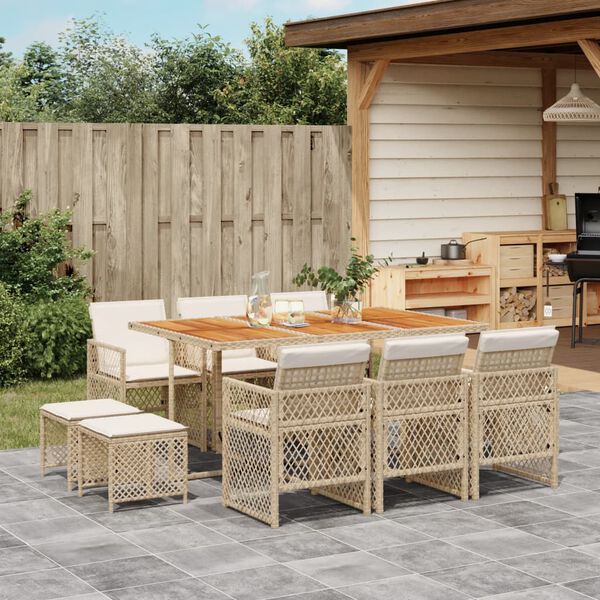 vidaXL 11-tlg. Garten-Essgruppe mit Kissen Beige Poly Rattan