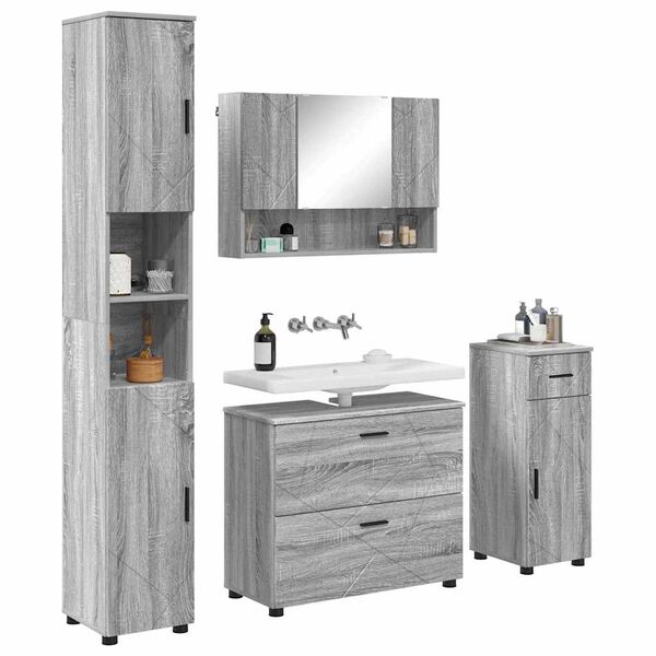 vidaXL Badezimmerm&ouml;bel-Set 4 pcs Graues Sonoma Sperrholz und Metall
