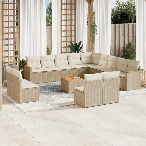 vidaXL 14-tlg. Garten-Sofagarnitur mit Kissen Beige Poly Rattan