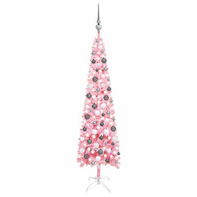 vidaXL Weihnachtsbaum Schlank mit Beleuchtung & Kugeln Rosa 150 cm