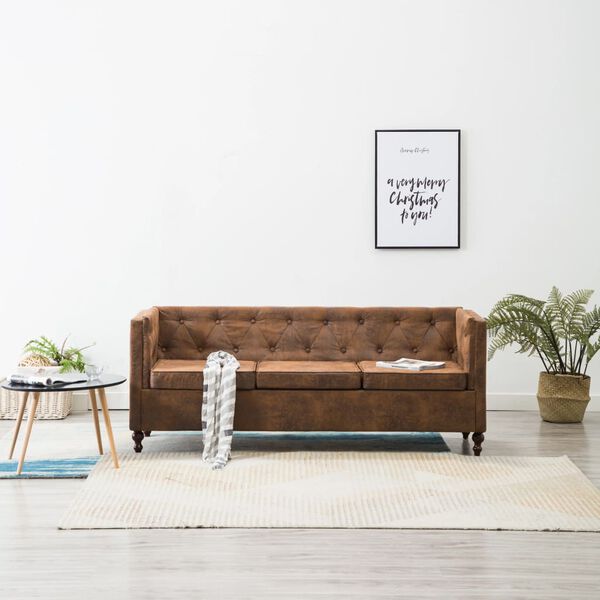 vidaXL Chesterfield-Sofa 3-Sitzer Stoffpolsterung Braun Wildlederoptik