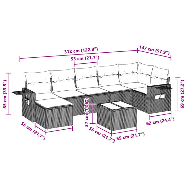 vidaXL 8-tlg. Garten-Sofagarnitur mit Kissen Hellgrau Poly Rattan