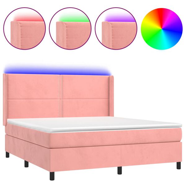 vidaXL Boxspringbett mit Matratze & LED Rosa 180x200 cm Samt