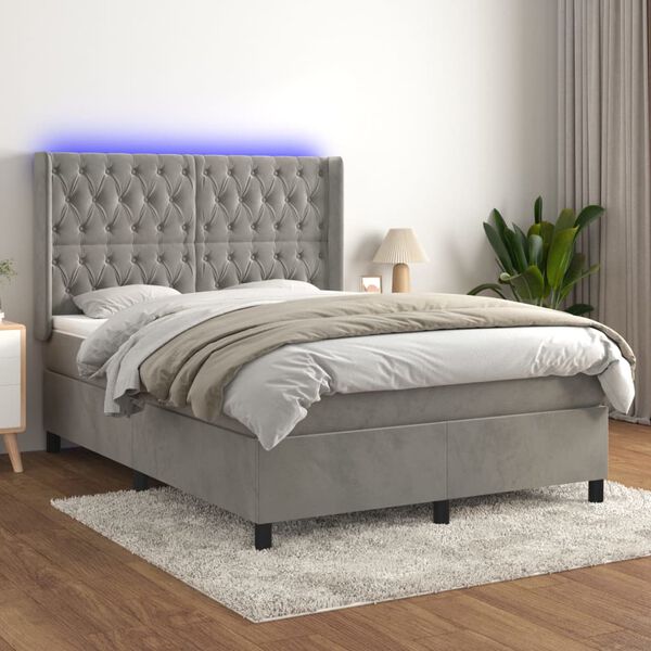 vidaXL Boxspringbett mit Matratze & LED Hellgrau 140x200 cm Samt
