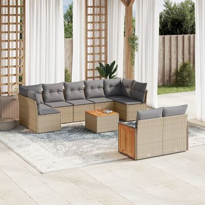 vidaXL 10-tlg. Garten-Sofagarnitur mit Kissen Beige Poly Rattan