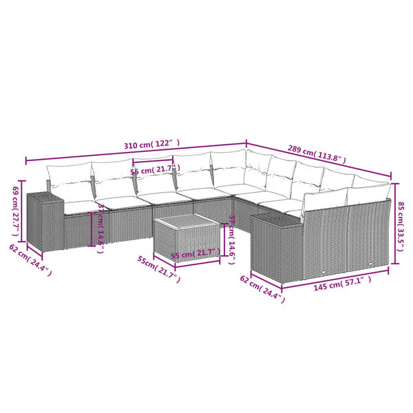 vidaXL 11-tlg. Garten-Sofagarnitur mit Kissen Beige Poly Rattan