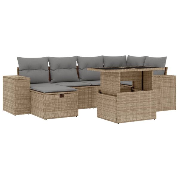 vidaXL 7-tlg. Garten-Sofagarnitur mit Kissen Beige Poly Rattan