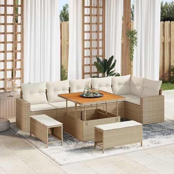 vidaXL Garten-Sofa-Set mit Kissen mit Speicher 9 pcs Beige und Creme