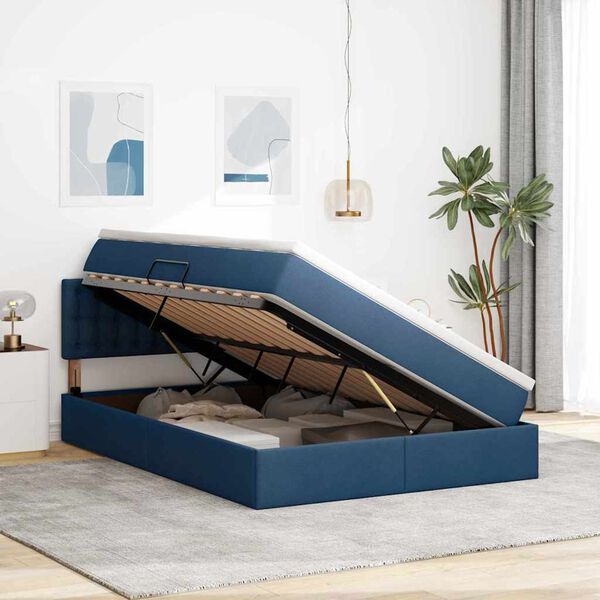 vidaXL Bett mit Stauraum und LED mit Matratze Blau 140 x 190 cm Stoff
