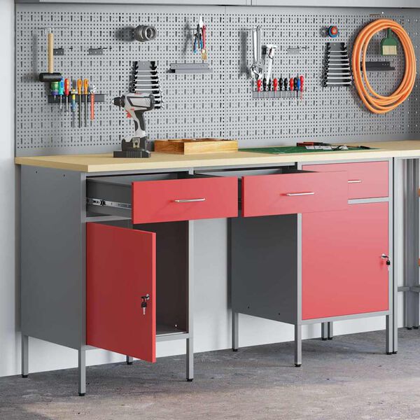 vidaXL Werkbank 3 pcs Rot 150 x 55 x 85 cm Ingenieure Holz und Stahl