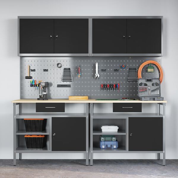 vidaXL Werkbank-Set 8 pcs Schwarz und Grau Pulverbeschichteter Stahl