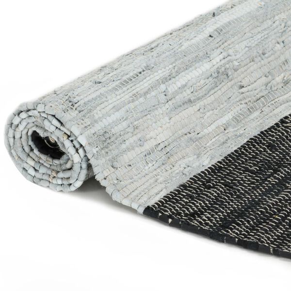 vidaXL Chindi-Teppich Handgewebt Leder 160x230 cm Hellgrau Schwarz