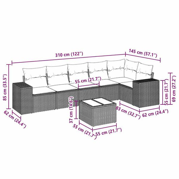 vidaXL 7-tlg. Garten-Sofagarnitur mit Kissen Hellgrau Poly Rattan