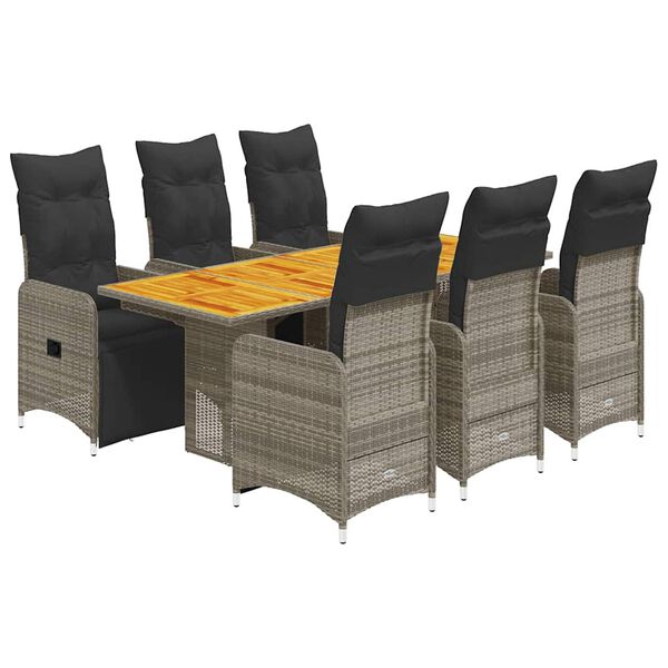 vidaXL 7-tlg. Garten-Bistro-Set mit Kissen Grau Poly Rattan