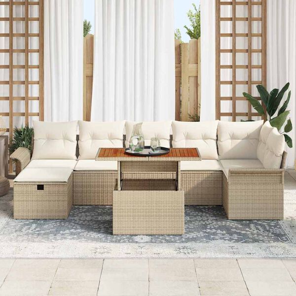 vidaXL Garten-Sofa-Set mit Kissen mit Speicher 8 pcs Beige Poly Rattan