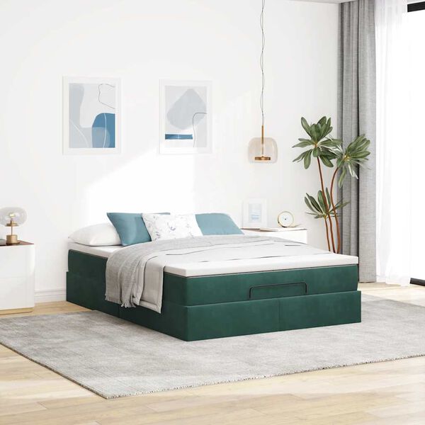 vidaXL Ottoman-Bett mit Matratze Dunkelgr&uuml;n 140x190 cm Samt