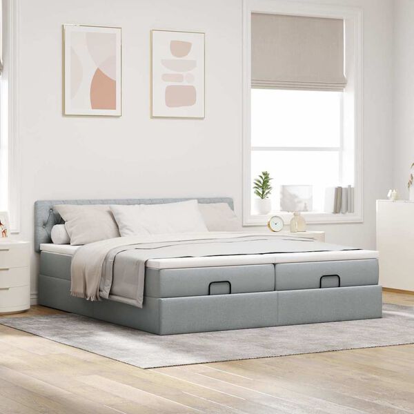 vidaXL Ottoman-Bett mit Matratzen & LEDs Hellgrau 200x200 cm Stoff