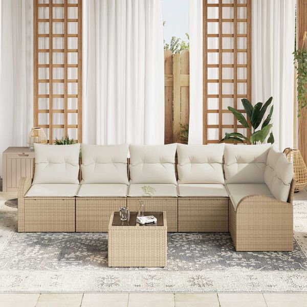 vidaXL Sofa Set mit Kissen 7 pcs Beige und Weiß Poly-Rattan