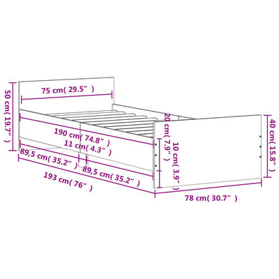 vidaXL Bettgestell Räuchereiche 75x190 cm Holzwerkstoff