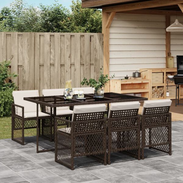 vidaXL 7-tlg. Garten-Essgruppe mit Kissen Braun Poly Rattan