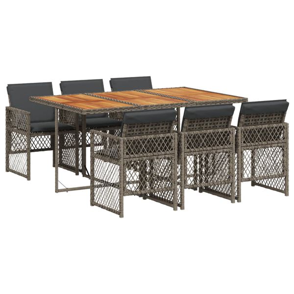 vidaXL 7-tlg. Garten-Essgruppe mit Kissen Grau Poly Rattan