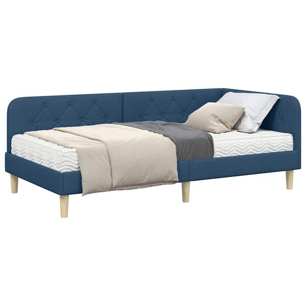 vidaXL Eckbettgestell mit Matratze mit Kopfteil Blau 90 x 190 cm Stoff