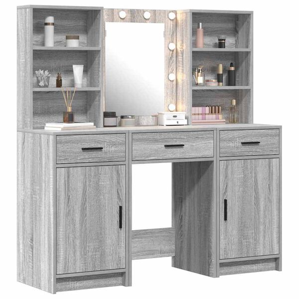 vidaXL Schminktischset mit LED 3 pcs Graues Sonoma Holzwerkstoff