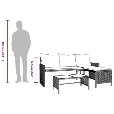vidaXL Gartensofa in L-Form mit Tisch und Kissen Braun Poly Rattan