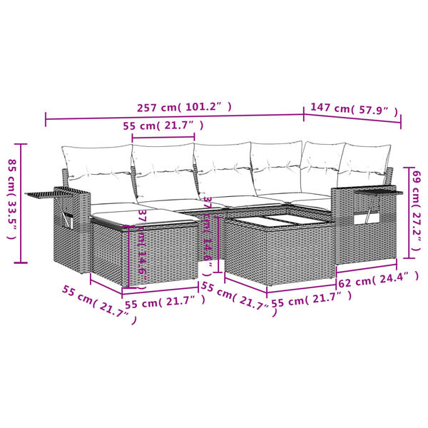 vidaXL 7-tlg. Garten-Sofagarnitur mit Kissen Braun Poly Rattan