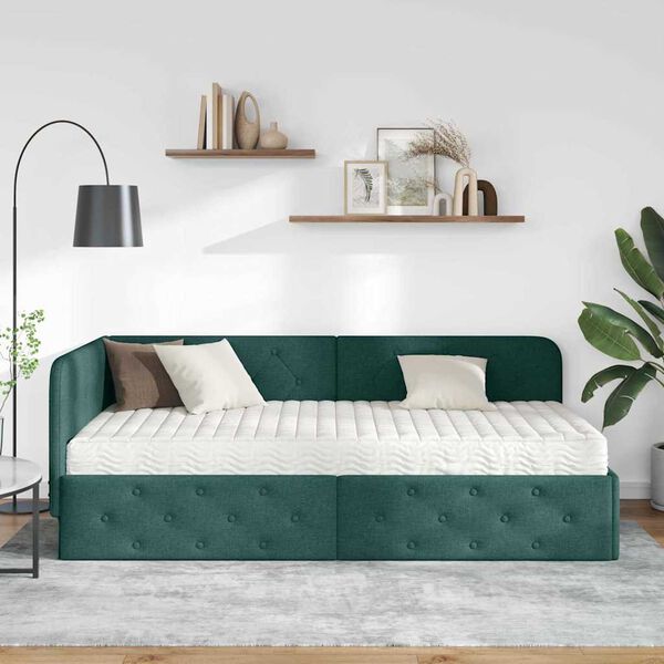 vidaXL Eckbettgestell mit Matratze Dunkelgr&uuml;n 90 x 190 cm Stoff