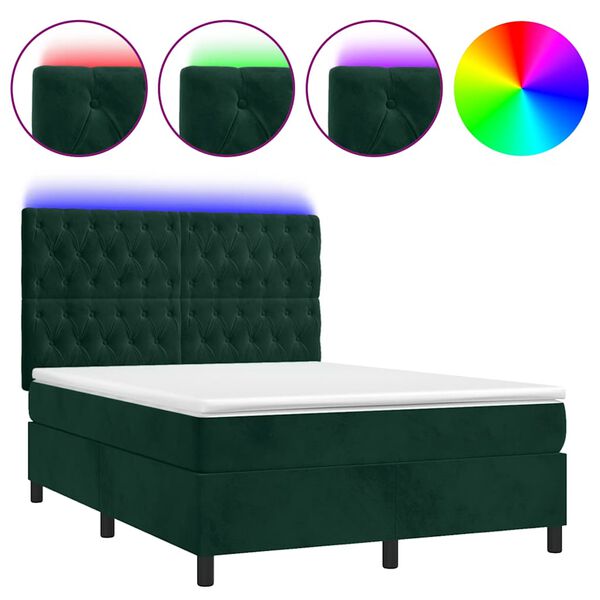 vidaXL Boxspringbett mit Matratze & LED Dunkelgr&uuml;n 140x190 cm Samt
