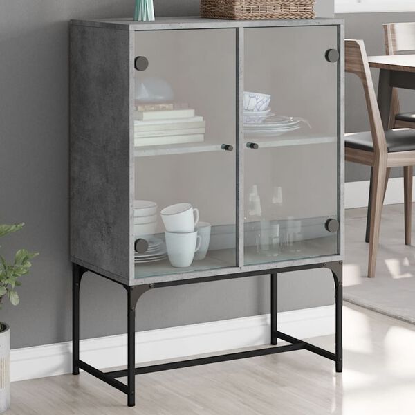 vidaXL Beistellschrank mit Glast&uuml;ren Betongrau 69x37x100 cm