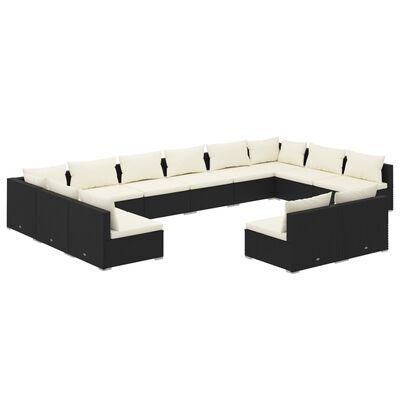 vidaXL 12-tlg. Garten-Lounge-Set mit Kissen Schwarz Poly Rattan