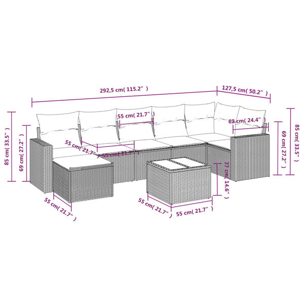 vidaXL 8-tlg. Garten-Sofagarnitur mit Kissen Grau Poly Rattan
