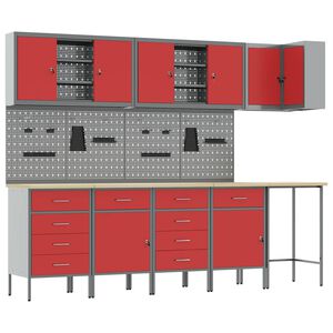 vidaXL Arbeitsschrankset mit Schubladen mit Regal 12 pcs Rot und Grau