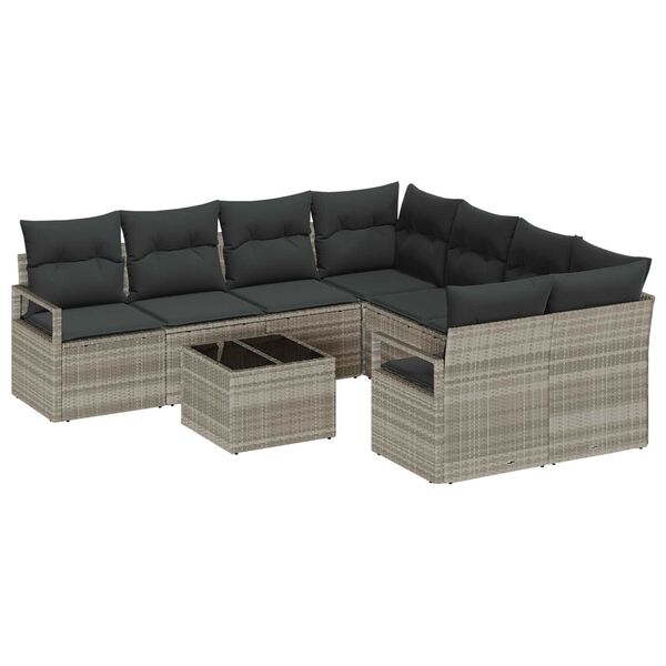 vidaXL Sofa Set mit Kissen 9 pcs Hellgrau und Schwarz Poly-Rattan