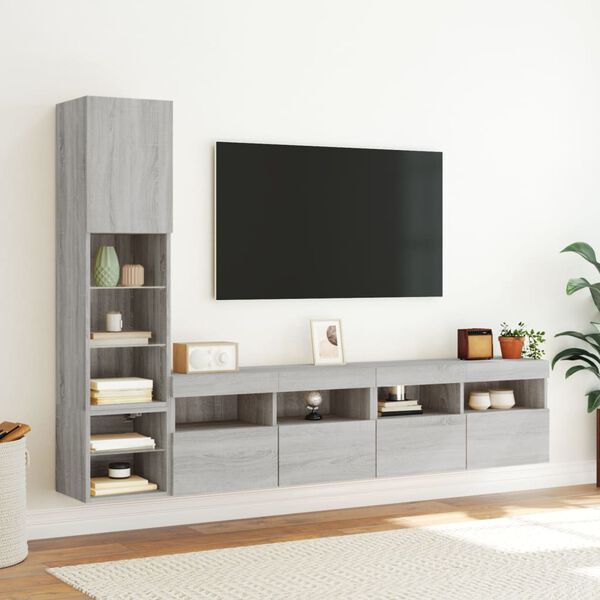 vidaXL 4-tlg. Wohnwand mit LED-Beleuchtung Grau Sonoma Holzwerkstoff