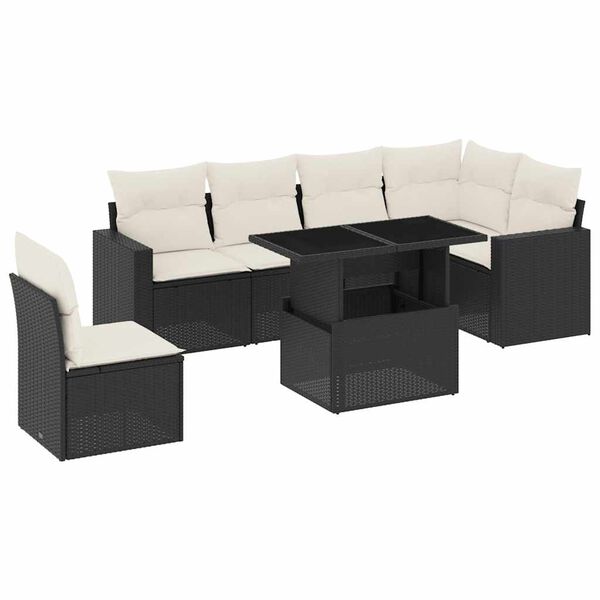 vidaXL 7-tlg. Garten-Sofagarnitur mit Kissen Schwarz Poly Rattan