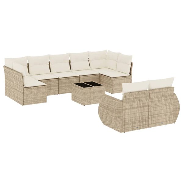 vidaXL 10-tlg. Garten-Sofagarnitur mit Kissen Beige Poly Rattan